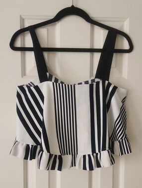 Sugarlips Black & White Striped Ruffle-Hem Crop Top